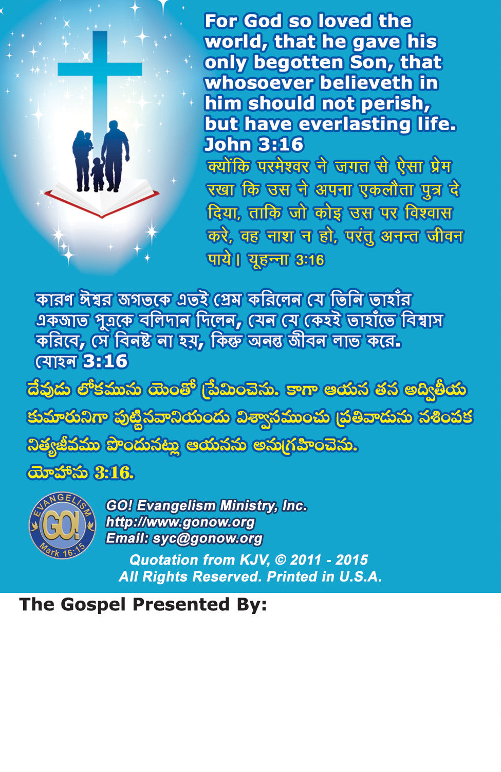 Kid's English, Hindi, Bengali, & Telugu Gospel Bible Tracts